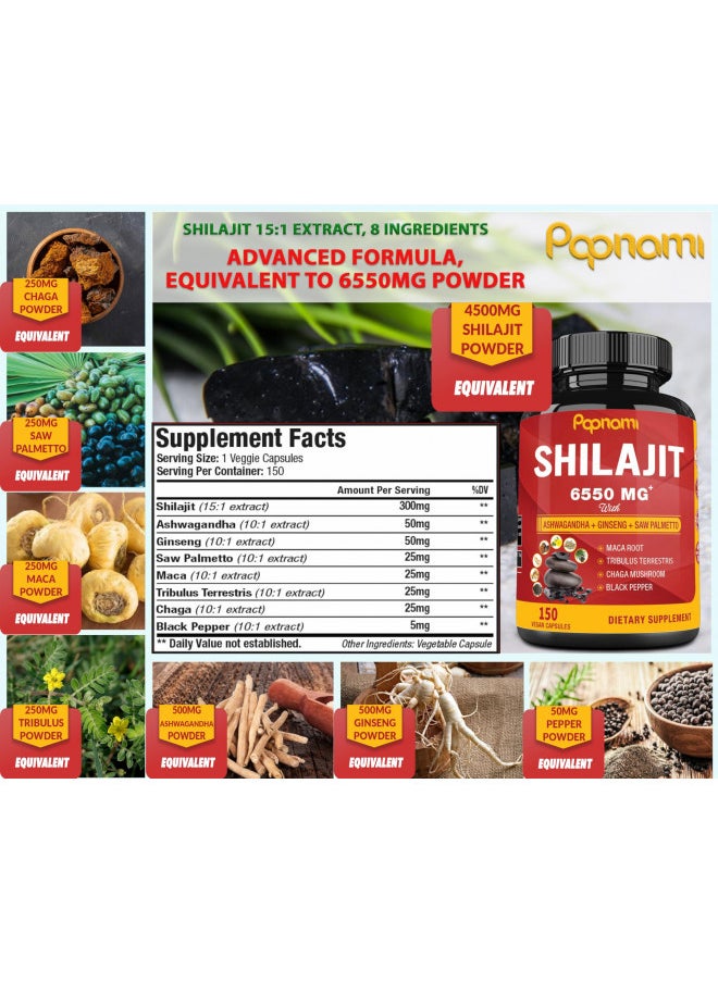 Papnami Shilajit Himalayan Supplement 6550Mg For Men & Women   150 Capsules Combined Ashwagandha, Ginseng, Saw Palmetto, Maca, Tribulus, Chaga & Black Pepper   Vitality Energy and Immune Supports