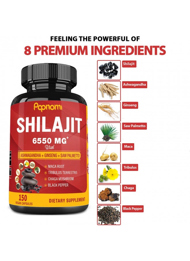 Papnami Shilajit Himalayan Supplement 6550Mg For Men & Women   150 Capsules Combined Ashwagandha, Ginseng, Saw Palmetto, Maca, Tribulus, Chaga & Black Pepper   Vitality Energy and Immune Supports