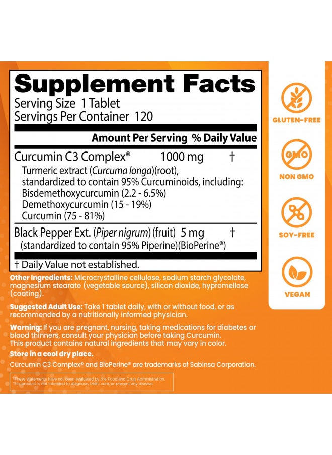 Doctor'S Best Curcumin From Turmeric Root With C3 Complex & Bioperine, Benefit The Joints By Helping To Neutralize Free Radicals, Non Gmo, Gluten Free, Soy Free, Joint Support, 1000 Mg, 120 Tablets
