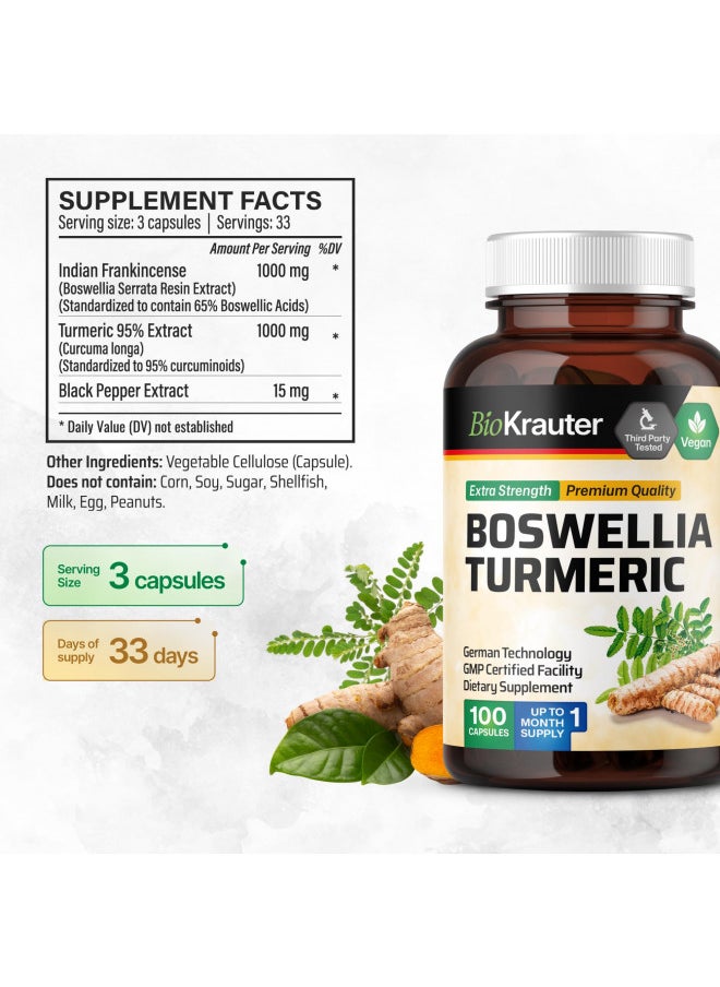 Bio Krauter Turmeric Supplement With Boswellia Extract Capsules   Boswellia Turmeric (Curcumin) 2000 Mg Blend   Joint Support Formula W/Black Pepper   100 Vegan Boswellia Turmeric Capsules