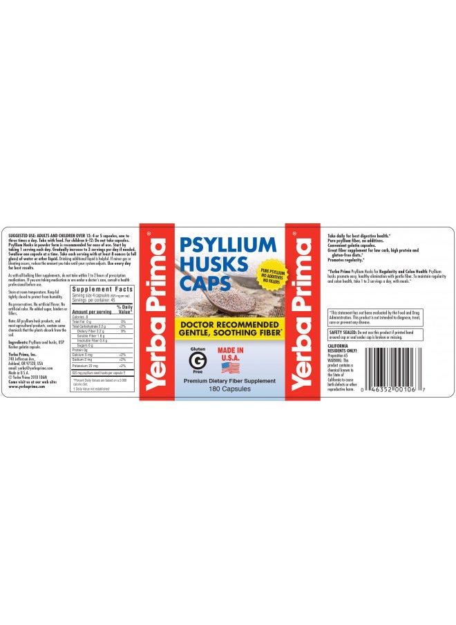 Yerba Prima Psyllium Husks Caps   180 Caps (Pack of3)   Natural Fiber Supplement   Colon Cleansing   Non Gmo Gluten Free