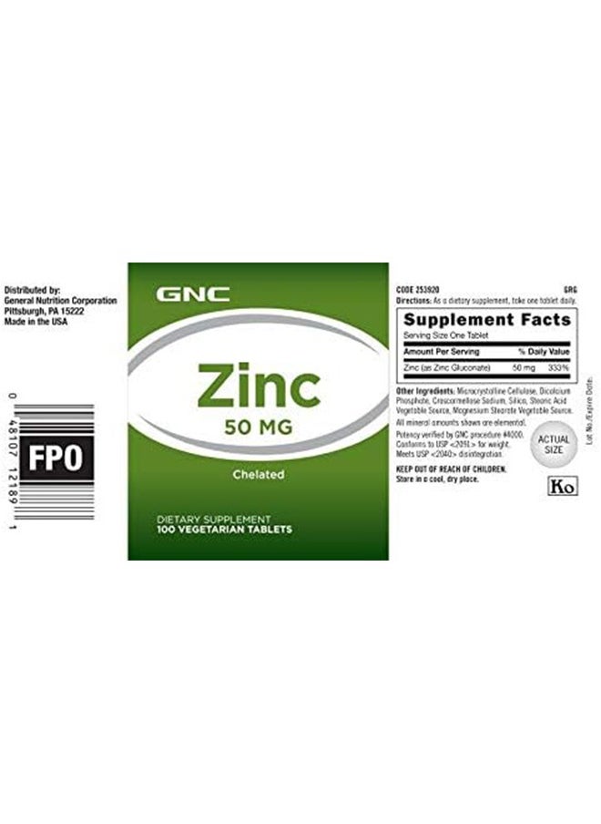 GNC ZINC 50 MG - 100 VEGETARIAN TABLETS