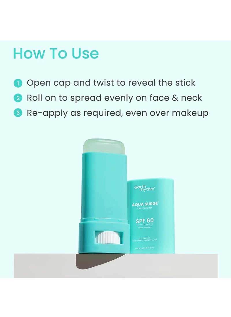 Earth Rhythm Aqua Surge Hyaluronic Sunscreen Stick SPF 60, PA++++ UVA/UVB Protection With Hyaluronic Acid & Ceramides For Hydration, Lightweight, No White Cast Sunscreen For All Skin Type - 20g