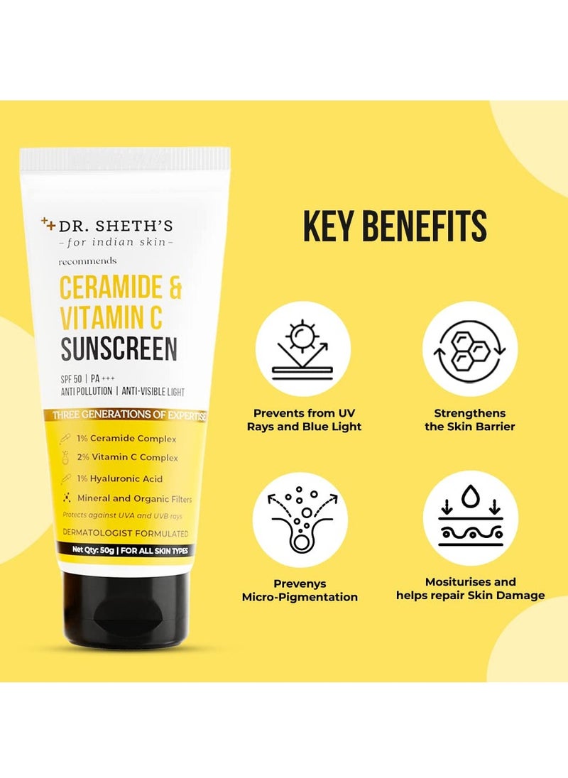 Dr. Sheth's Ceramide & Vitamin C Sunscreen|In-Vivo Tested|SPF 50+ Pa+++|Bright Skin, Healthy Glow|Non-Greasy, Quick-Absorbing|No White Cast|UVA/B, Bluelight Protection|Women & Men|All Skin Types, 50G