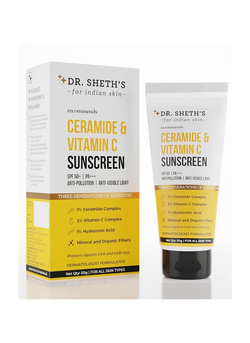 Dr. Sheth's Ceramide & Vitamin C Sunscreen|In-Vivo Tested|SPF 50+ Pa+++|Bright Skin, Healthy Glow|Non-Greasy, Quick-Absorbing|No White Cast|UVA/B, Bluelight Protection|Women & Men|All Skin Types, 50G