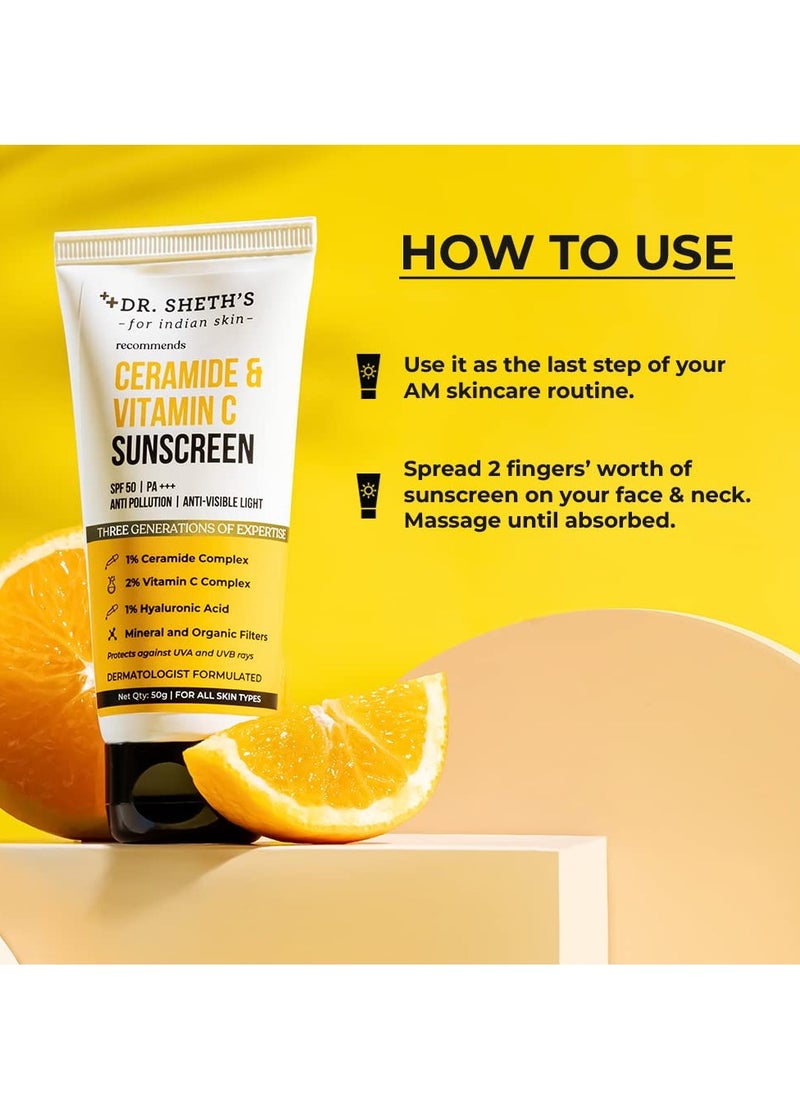 Dr. Sheth's Ceramide & Vitamin C Sunscreen|In-Vivo Tested|SPF 50+ Pa+++|Bright Skin, Healthy Glow|Non-Greasy, Quick-Absorbing|No White Cast|UVA/B, Bluelight Protection|Women & Men|All Skin Types, 50G
