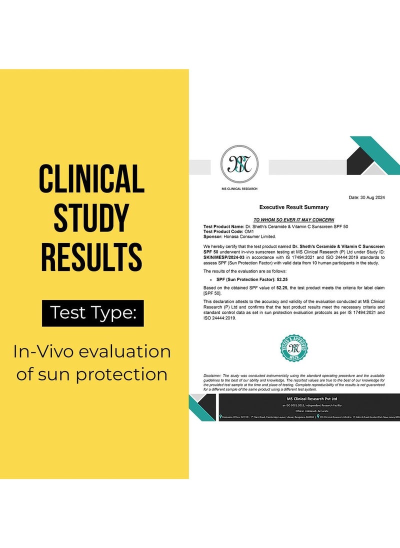 Dr. Sheth's Ceramide & Vitamin C Sunscreen|In-Vivo Tested|SPF 50+ Pa+++|Bright Skin, Healthy Glow|Non-Greasy, Quick-Absorbing|No White Cast|UVA/B, Bluelight Protection|Women & Men|All Skin Types, 50G