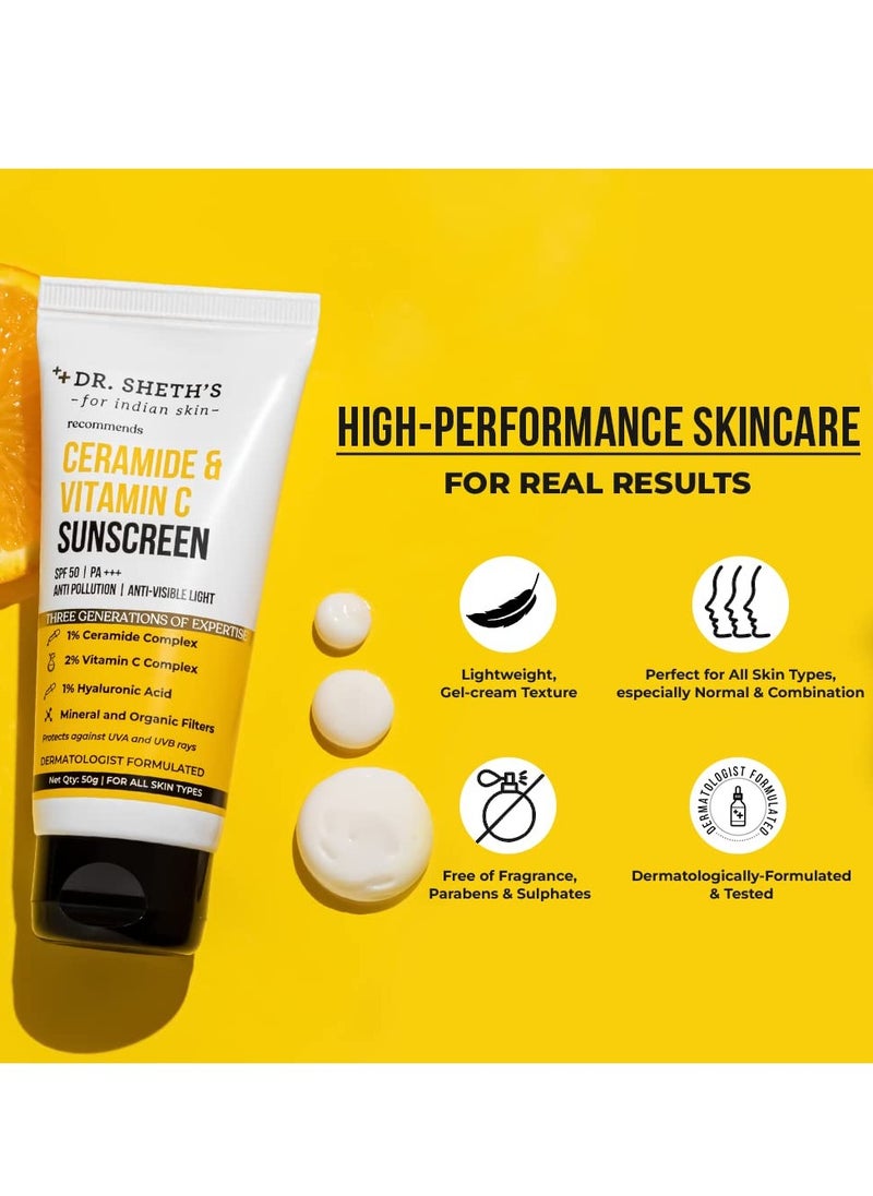 Dr. Sheth's Ceramide & Vitamin C Sunscreen|In-Vivo Tested|SPF 50+ Pa+++|Bright Skin, Healthy Glow|Non-Greasy, Quick-Absorbing|No White Cast|UVA/B, Bluelight Protection|Women & Men|All Skin Types, 50G
