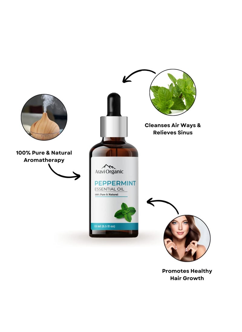 Aravi Organic Peppermint Essential Oil For Skin & Hair Growth, Hair Fall Control, Scalp - 100% Pure & Natural and Undiluted - 15 ml