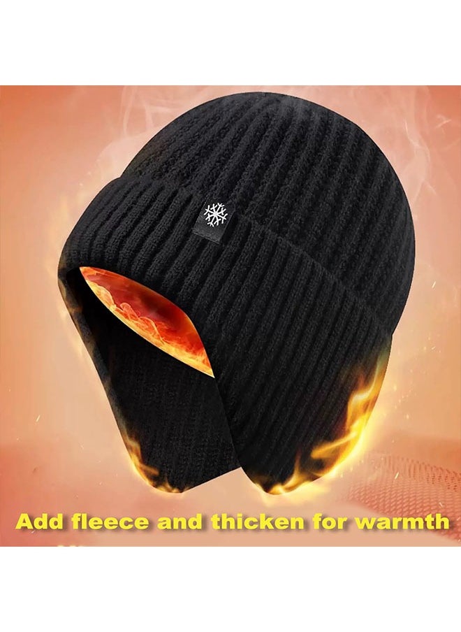 2pcs Mens Winter Knit Beanie with Earflap Neck Warmer Set Outdoor Warm Thermal Knitted Hat with Fleece Lined Skull Cap for women