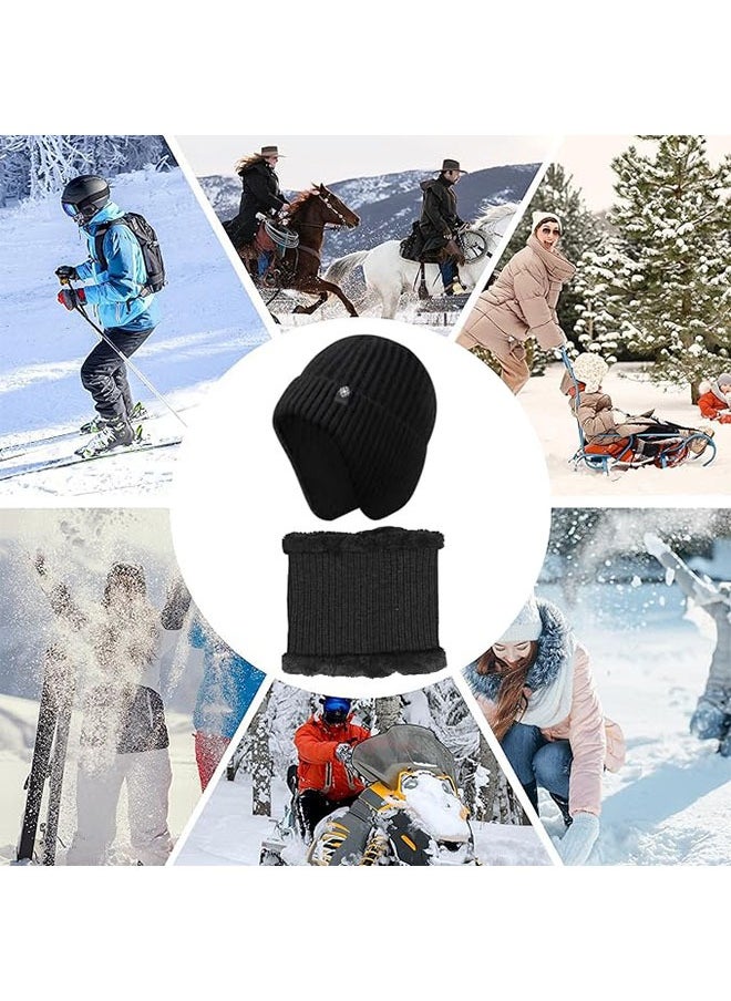 2pcs Mens Winter Knit Beanie with Earflap Neck Warmer Set Outdoor Warm Thermal Knitted Hat with Fleece Lined Skull Cap for women