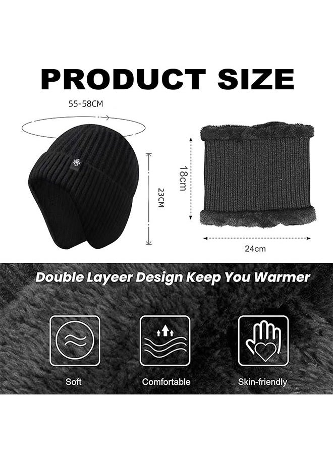 2pcs Mens Winter Knit Beanie with Earflap Neck Warmer Set Outdoor Warm Thermal Knitted Hat with Fleece Lined Skull Cap for women