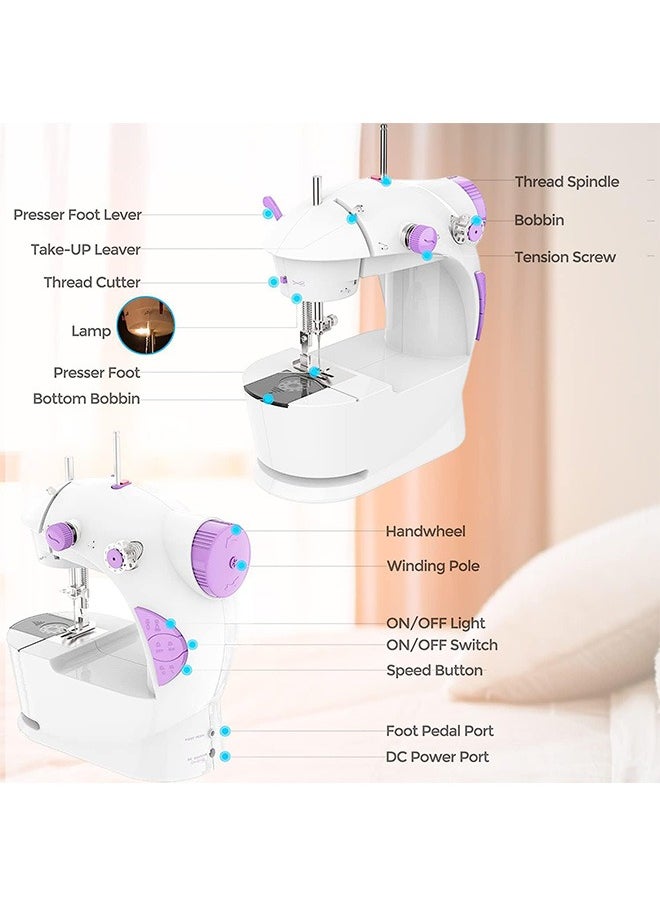 Mini Sewing Machine for Beginners with 42 PCS Sewing Kit, Fabrics and Finger Guard with Extension Table, Light