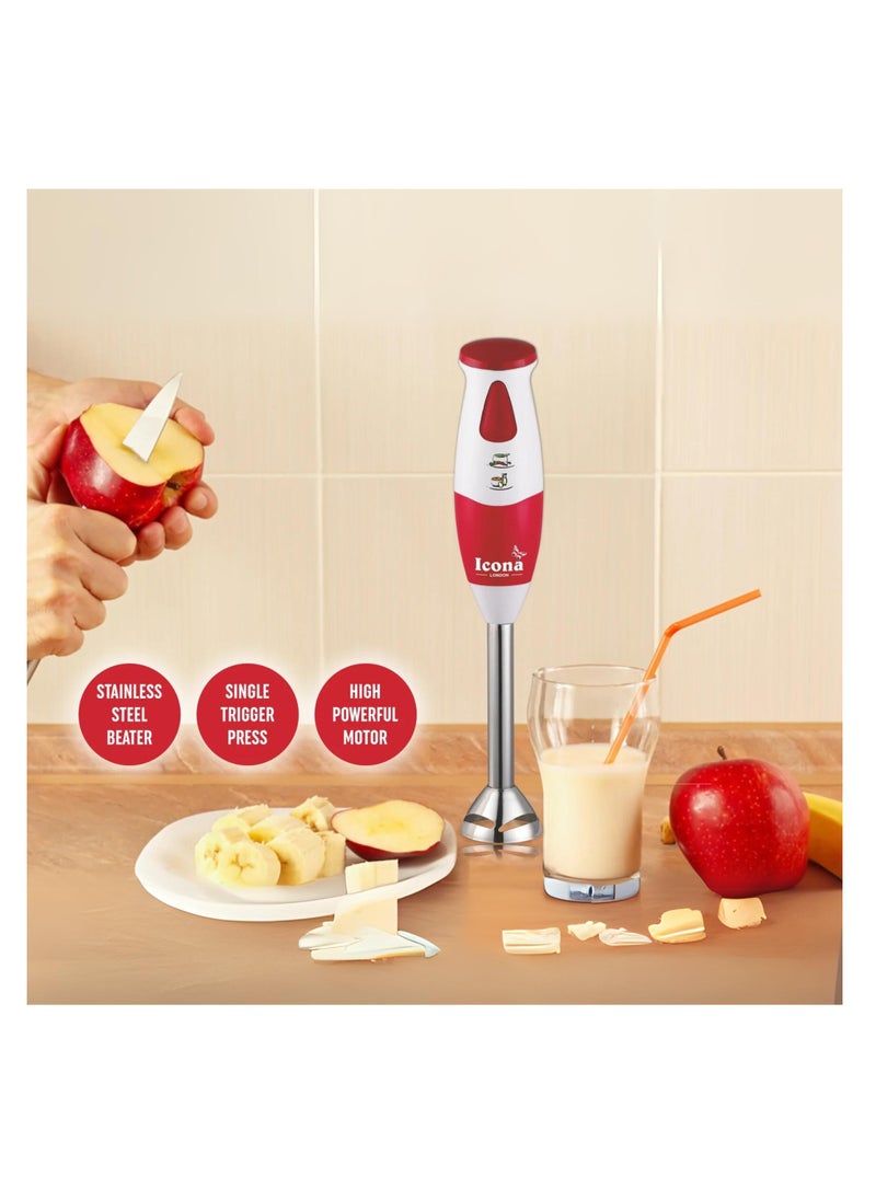 ICONA Hand Blender with 200W Motor, 7-Speed Detachable Stainless-Steel Whisk & Beater, Ergonomic Slim Grip Handle – Red & White | Compact and Lightweight for Smoothies, Soups, Sauces, and Batters