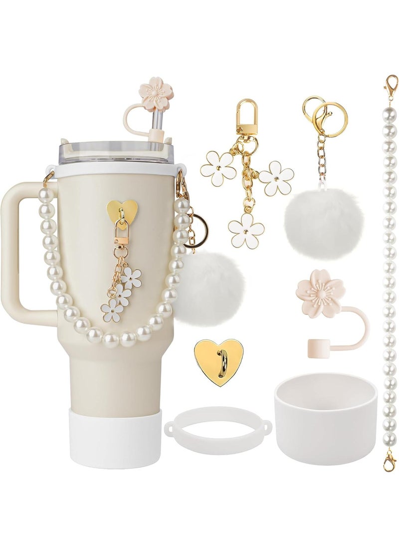 Compatible with Stanley Cup Accessories Set, Stanley Accessories 40 oz, Accesorios Stanley with Food-Grade Stanley Straw Cover, Stanley Tumbler Accessories Beautify Your Cup, Unique Gifts for WomenWhite/Gold