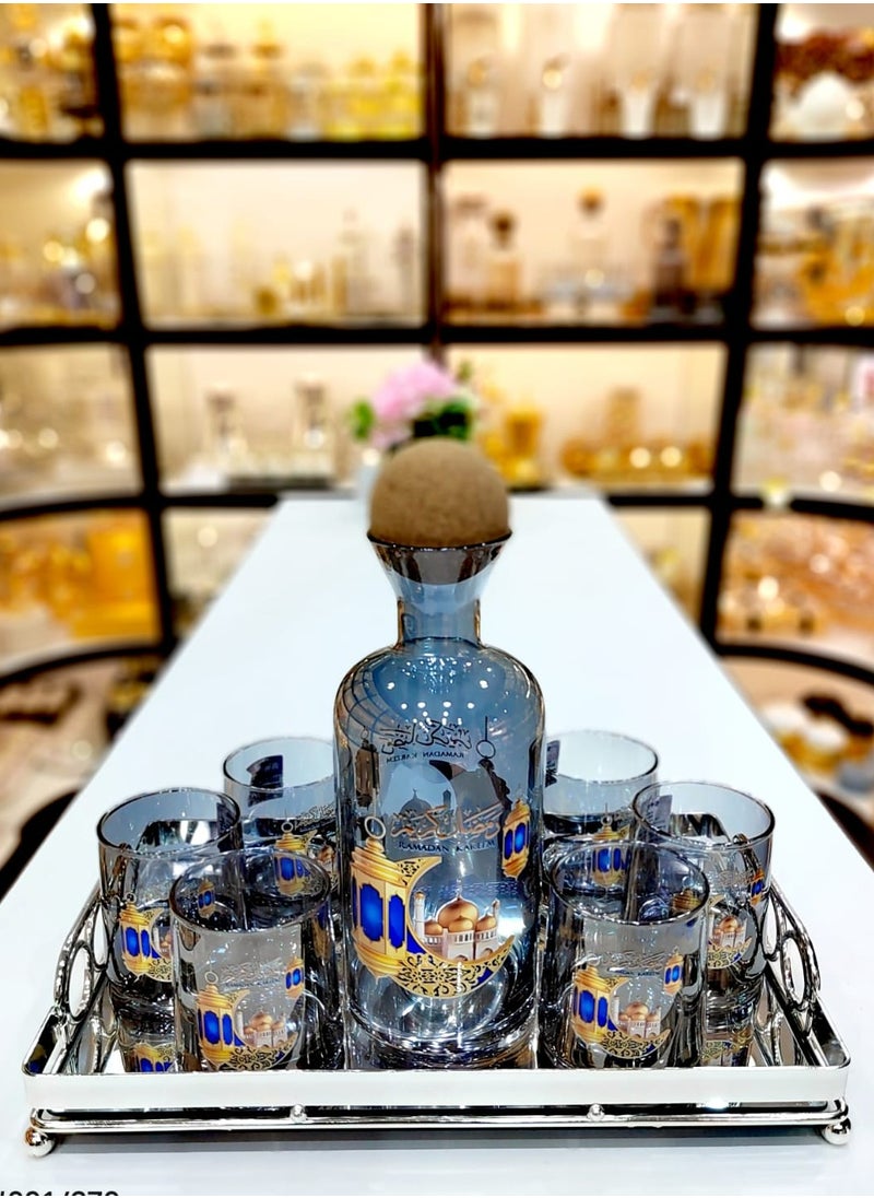 Ramdan Kareem Elegant Glass Decanter Set With Cork Stopper Includes Six Matching Glasses Perfect For Serving Beverages In Style