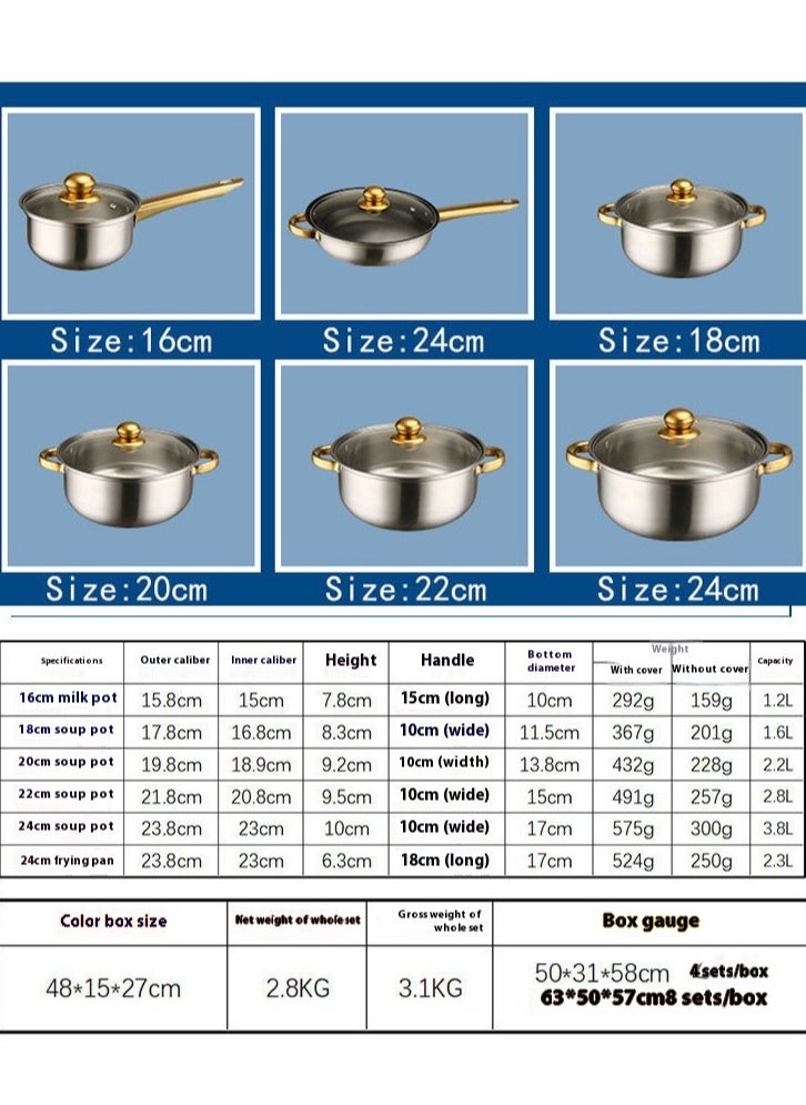 18 Piece Cookware Set - Stainless Steel Pots, Pans, Kitchen Utensils Set - High Quality - For Cooking - Frying Pan, Casserole With Lid, Saucepan With Lid, Kitchen Tools, Steamer -24/24/24/20 cm GOLD