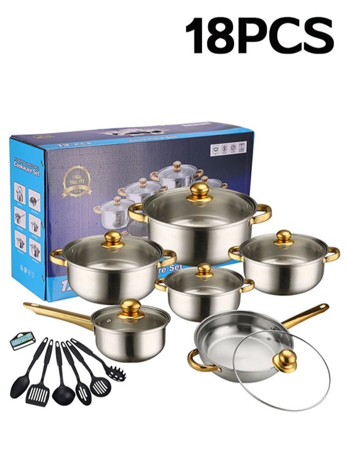 18 Piece Cookware Set - Stainless Steel Pots, Pans, Kitchen Utensils Set - High Quality - For Cooking - Frying Pan, Casserole With Lid, Saucepan With Lid, Kitchen Tools, Steamer -24/24/24/20 cm GOLD