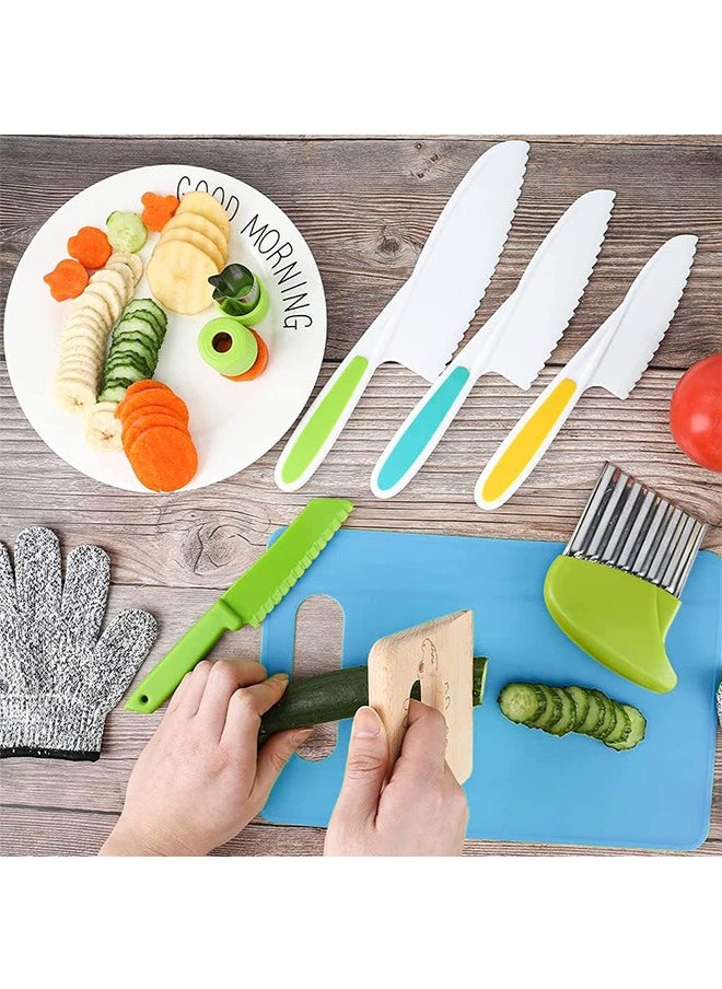 13 Pieces  Kitchen Tools for Toddlers-Kids Cooking Sets Real-Toddler Safe Knives Set for Real Cooking with Plastic Toddler Safe Knives Crinkle Cutter Kids Cutting Board.