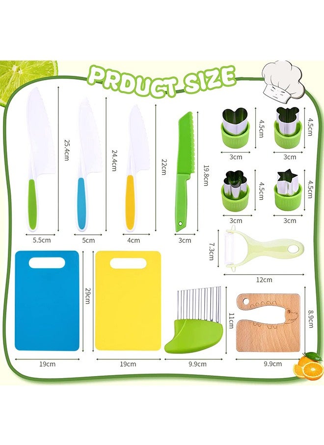 13 Pieces  Kitchen Tools for Toddlers-Kids Cooking Sets Real-Toddler Safe Knives Set for Real Cooking with Plastic Toddler Safe Knives Crinkle Cutter Kids Cutting Board.