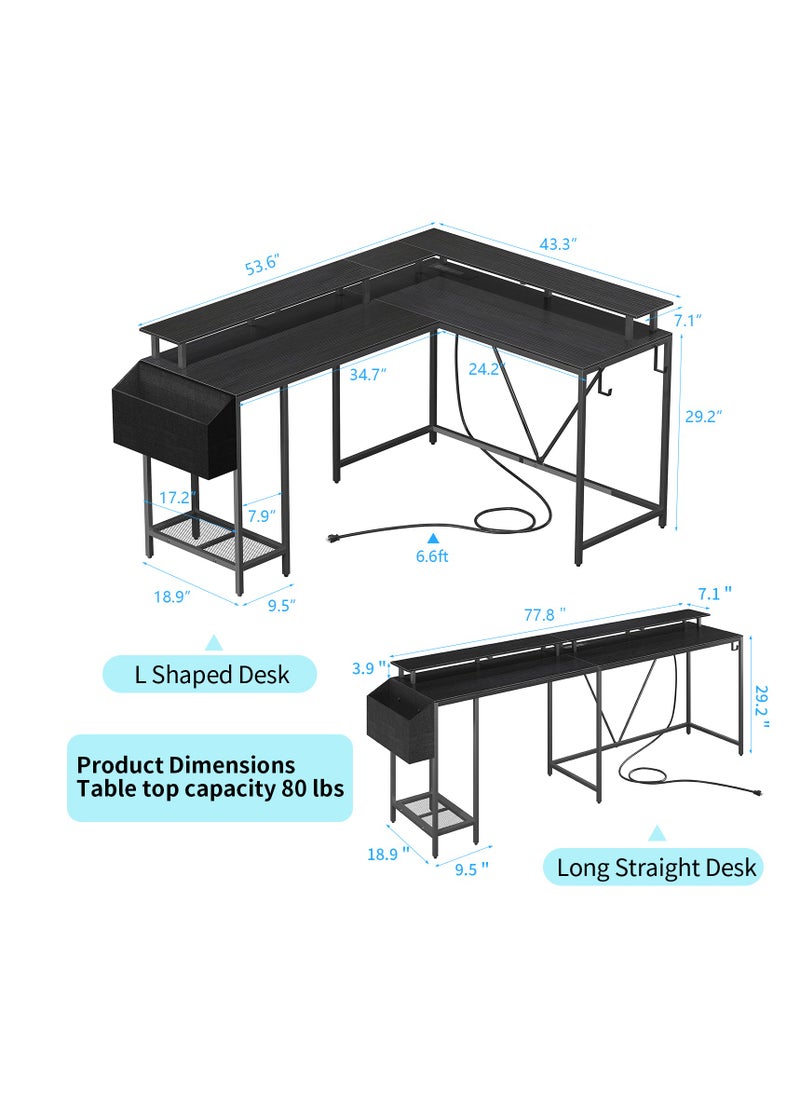 47 inch (approx. 119.4 cm) Gaming Desk without Power Outlet and LED Lights, Double Sided L-Shaped Desk, Computer Desk with Hooks and Monitor Stand with Drawers and Shelves for Home Office Bedroom