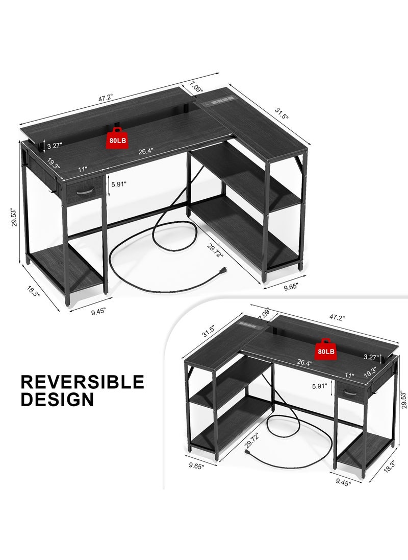 53 in (~134.6 cm) L-Shaped Desk, L-Shaped Game Table without Electrical Outlet and LED Lights, Computer Desk with Monitor Stand and Storage Pocket, Home Office Corner Desk with Hooks, Easy to Assemble, Grey Oak