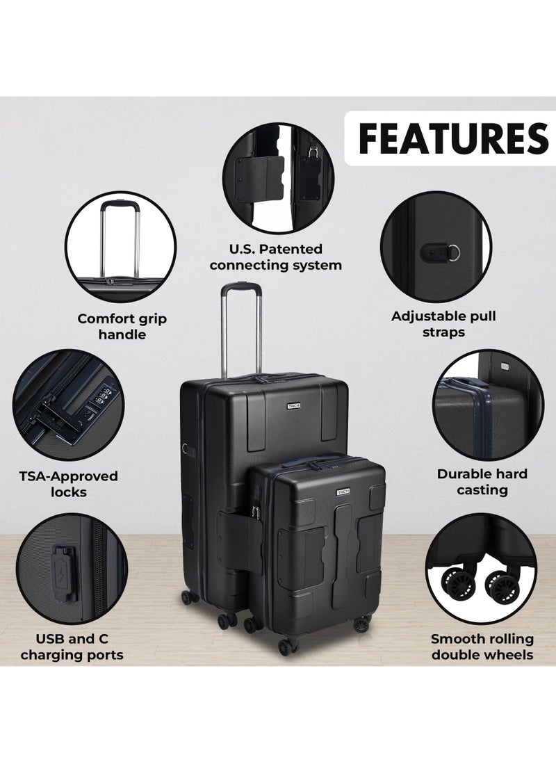TACH Connectable Luggage, 2pc Set, Hard Shell, Large + Carry-on, TSA Approved Locks, Black