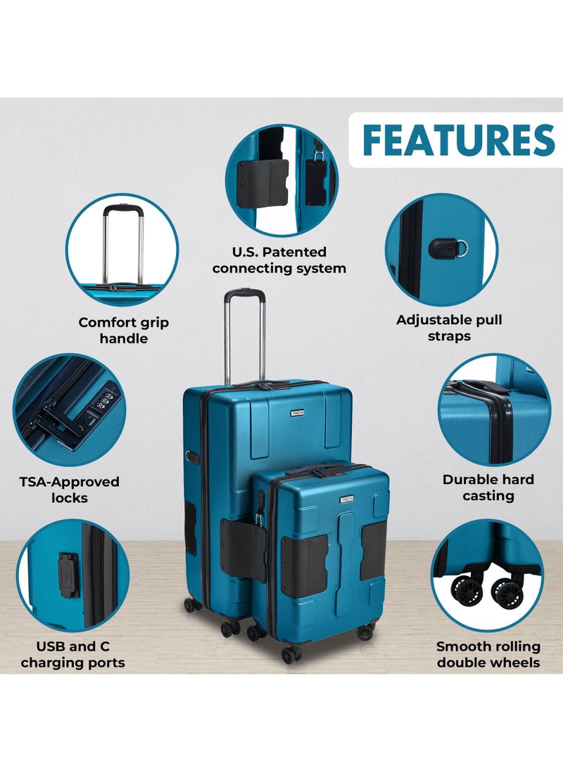 TACH Connectable Luggage, 2pc Set, Hard Shell, Large + Carry-on, TSA Approved Locks, Sky Blue