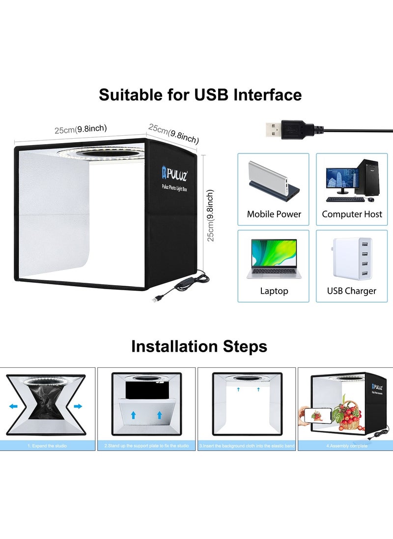 9.8Inch/25CM Photo Studio Box,  Mini Folding Lightbox LED Ring Light Portable Photo Studio Photography Shooting Tent Box Kit 12 Colors Backdrops USB Light Box for Phones DSLR Camera