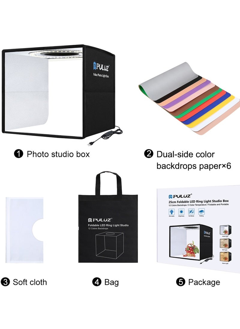 9.8Inch/25CM Photo Studio Box,  Mini Folding Lightbox LED Ring Light Portable Photo Studio Photography Shooting Tent Box Kit 12 Colors Backdrops USB Light Box for Phones DSLR Camera