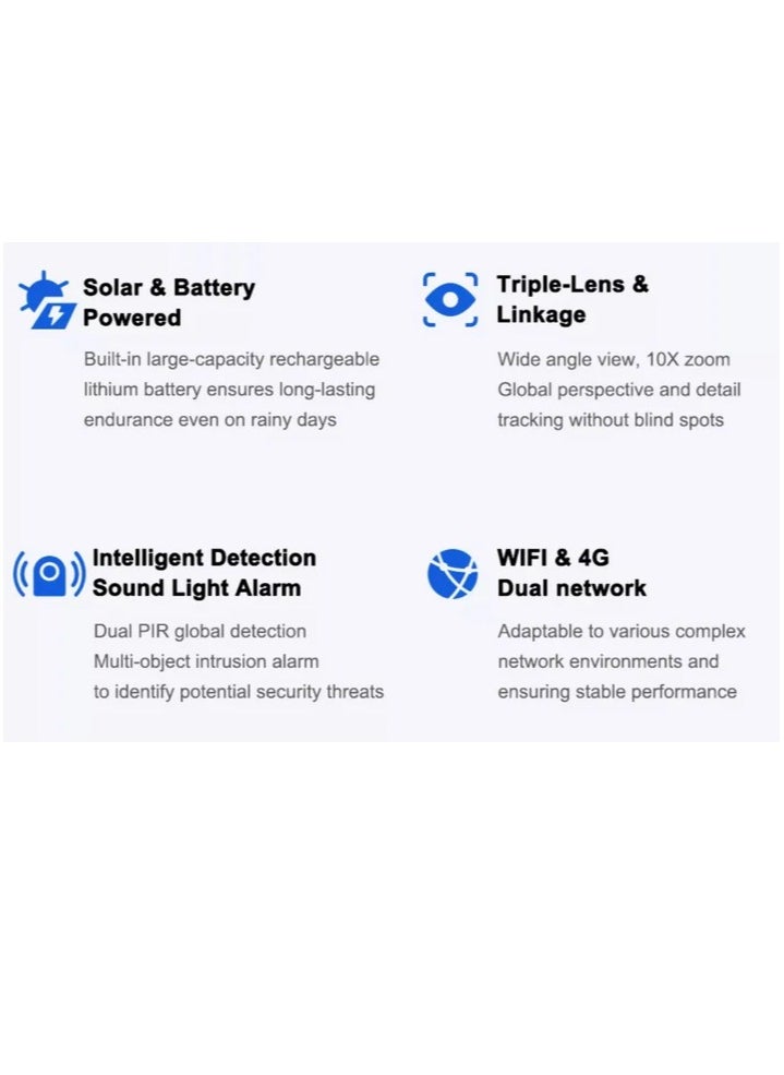 Y7A Solar Triple-Lens Linkage Camera 10X Zoom Wi-Fi & 4G