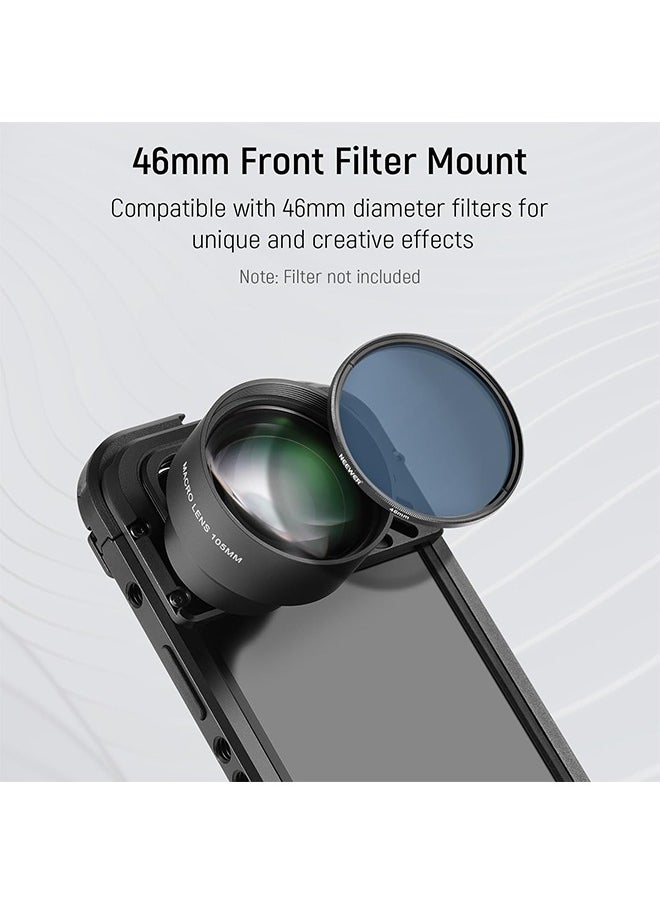 NEEWER HD 105mm macro lens is only suitable for 17mm threaded back plate, compatible with SmallRig NEEWER iPhone Samsung mobile phone cage case, comes with 17mm lens adapter, 46mm front thread, LS-26