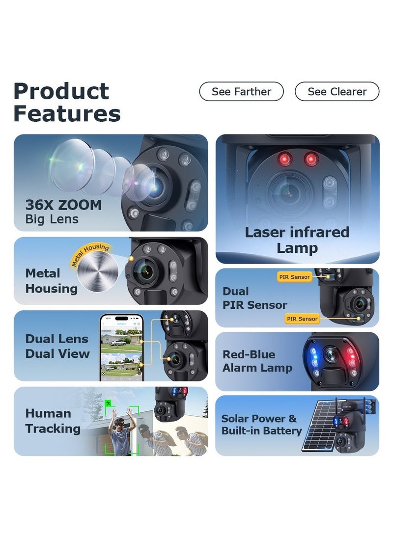 36X Zoom WIFI IP Solar Camera, 6MP, Metal Housing, Vandal-proof, Dual Lens, Wide Angle, Human Tracking, Colour & Laser IR Vision, Dual PIR Sensor, Alarm Lamp, Two-Way Audio, Preset Point & Guards