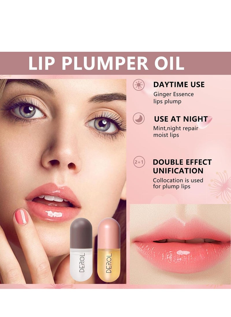 DEROL 2Pcs Natural Lip Plumper, Plant Extracts Plumping Lip Serum, Lip Enhancer Including Day and Night Lip Plumping Balm, Lip Care Serum for Fuller & Hydrated Lip (5.5MLX2)