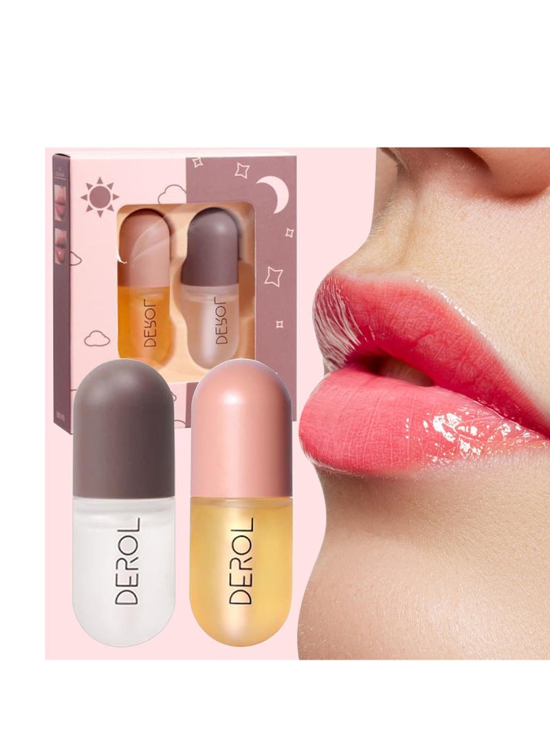 DEROL 2Pcs Natural Lip Plumper, Plant Extracts Plumping Lip Serum, Lip Enhancer Including Day and Night Lip Plumping Balm, Lip Care Serum for Fuller & Hydrated Lip (5.5MLX2)