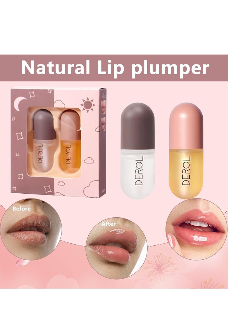 DEROL 2Pcs Natural Lip Plumper, Plant Extracts Plumping Lip Serum, Lip Enhancer Including Day and Night Lip Plumping Balm, Lip Care Serum for Fuller & Hydrated Lip (5.5MLX2)