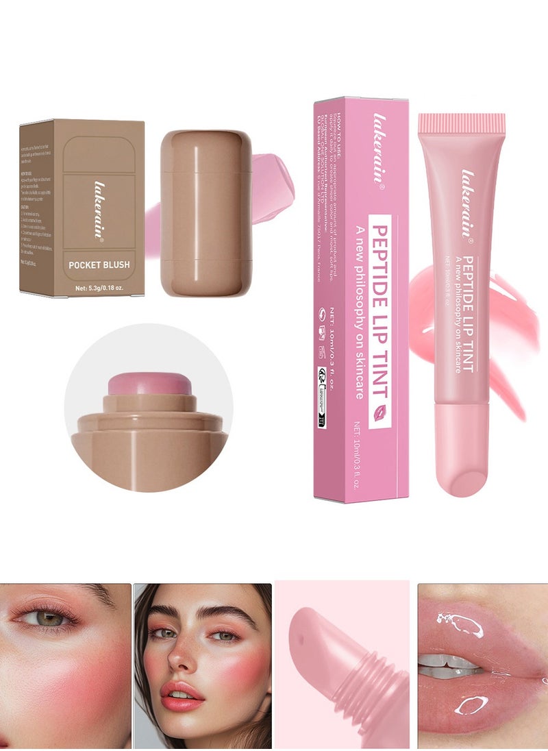 Peptide Lip Tint Long Lasting Gloss + A Creamy Blush For Buildable Color with Baby-Soft Cheeks（2 Pack）
