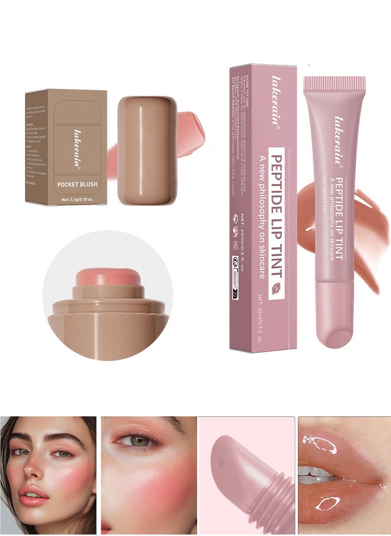Peptide Lip Tint Long Lasting Gloss + A Creamy Blush For Buildable Color with Baby-Soft Cheeks（2 Pack）