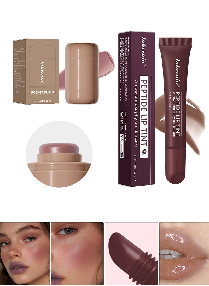 Peptide Lip Tint Long Lasting Gloss + A Creamy Blush For Buildable Color with Baby-Soft Cheeks（2 Pack）