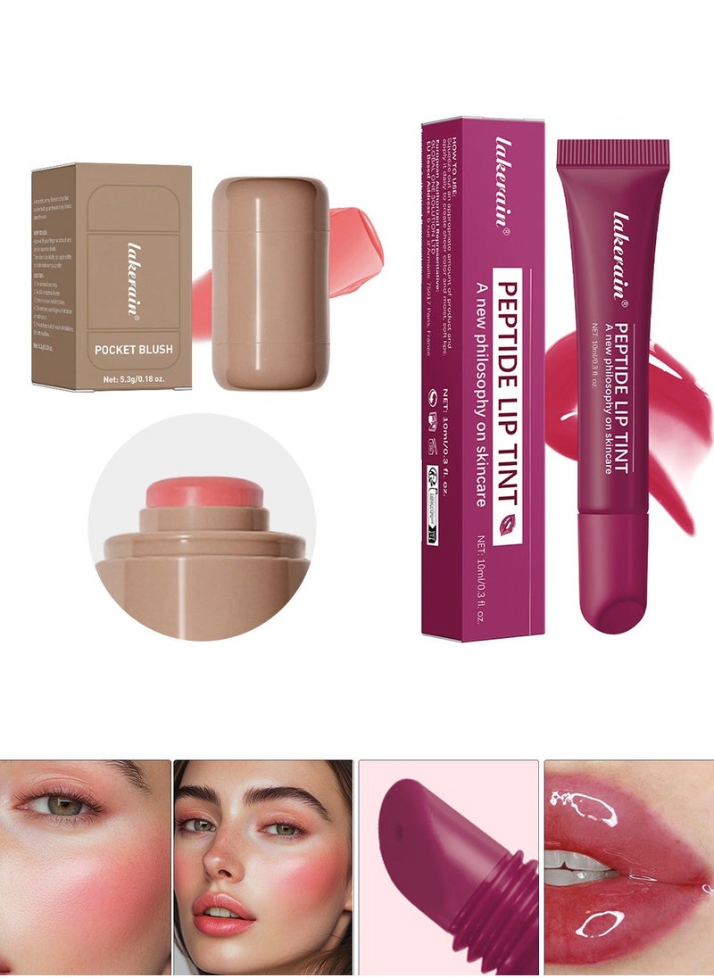 Peptide Lip Tint Long Lasting Gloss + A Creamy Blush For Buildable Color with Baby-Soft Cheeks（2 Pack）