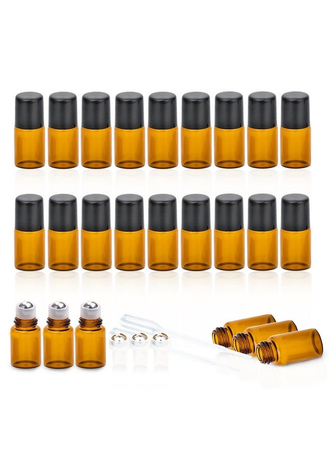 2Ml Essential Oil Roller Bottles, 24 Pack Amber Roller Bottles For Oils, Mini Glass Roll On Bottles With Stainless Steel Roller Balls&2 Droppers