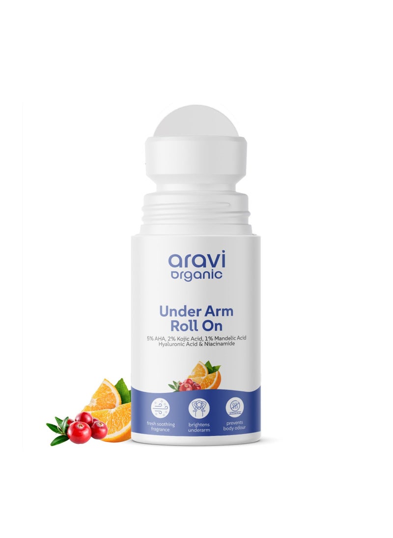 Aravi Organic Under Arm Roll On With 5% AHA, 2% Kojic Acid & 1% Mandelic Acid - Prevents Body Odour and Brightens - Long Lasting Underarm roll on with Fresh Smoothing Fragrance - All Skin Type - 50 ml