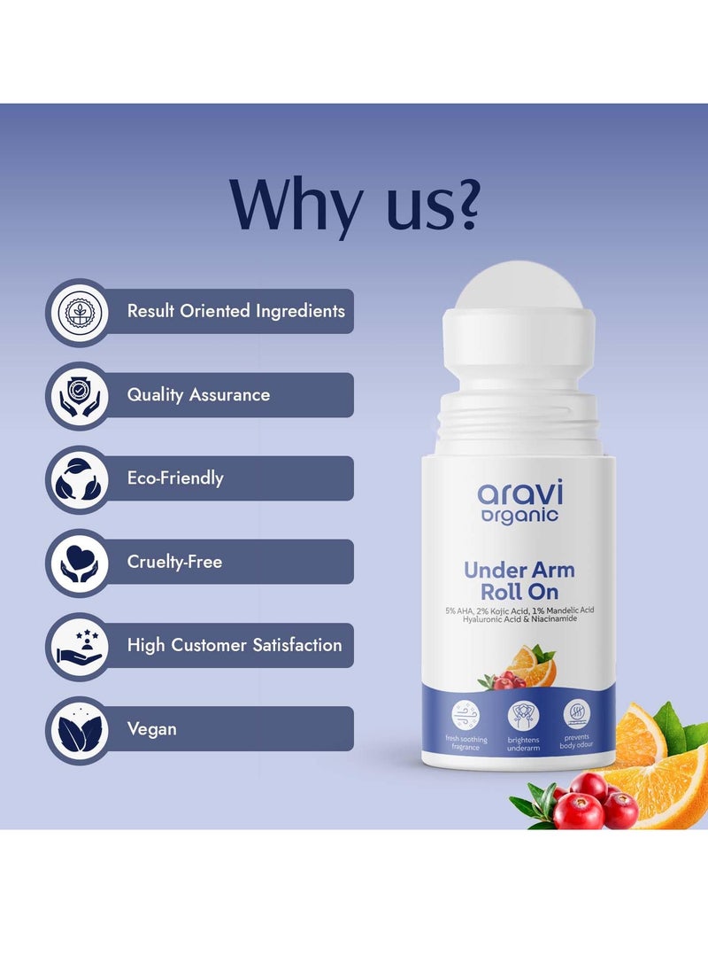 Aravi Organic Under Arm Roll On With 5% AHA, 2% Kojic Acid & 1% Mandelic Acid - Prevents Body Odour and Brightens - Long Lasting Underarm roll on with Fresh Smoothing Fragrance - All Skin Type - 50 ml