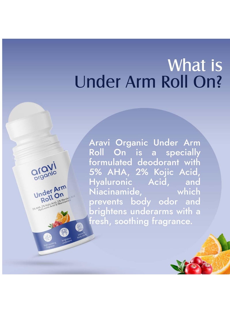 Aravi Organic Under Arm Roll On With 5% AHA, 2% Kojic Acid & 1% Mandelic Acid - Prevents Body Odour and Brightens - Long Lasting Underarm roll on with Fresh Smoothing Fragrance - All Skin Type - 50 ml