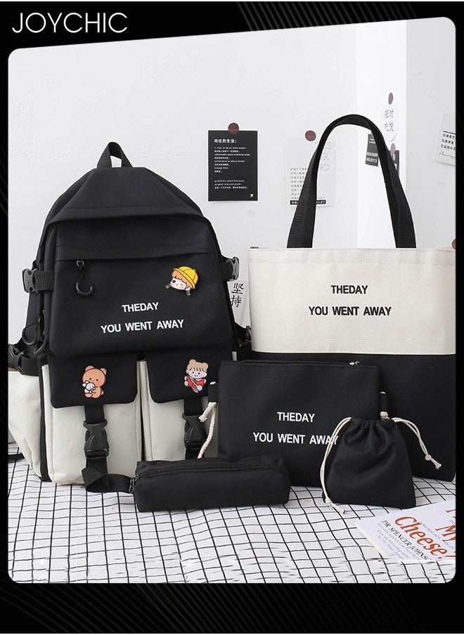 Large Capacity School Backpack Set Waterproof Canvas School Bag With Pencil Pouch For Middle High College Students Black/White
