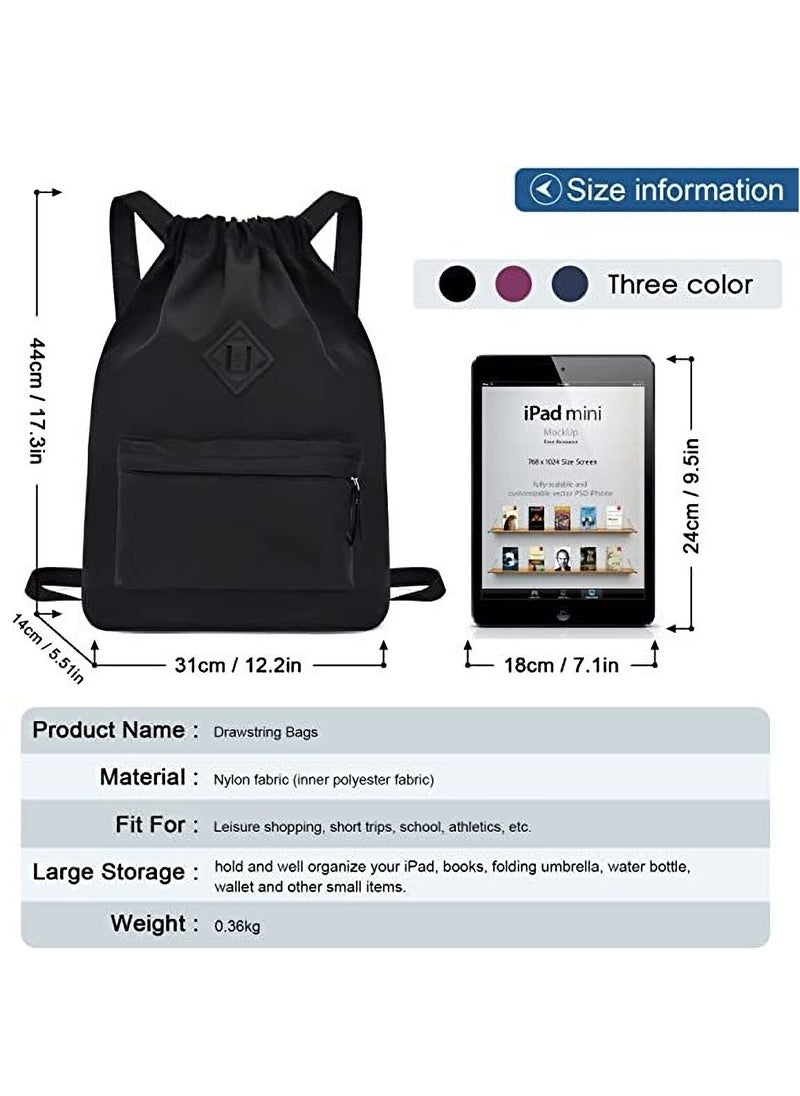 Nylon Drawstring Backpack for Sports and Gym, Large Water-Resistant Sackpack with Zipper and Front/Rear Pockets, Ideal for School, Swimming, Travel for Kids, Boys, Girls, Women, and Men.