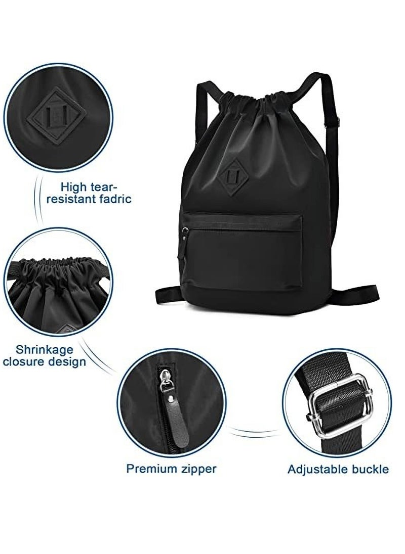 Nylon Drawstring Backpack for Sports and Gym, Large Water-Resistant Sackpack with Zipper and Front/Rear Pockets, Ideal for School, Swimming, Travel for Kids, Boys, Girls, Women, and Men.