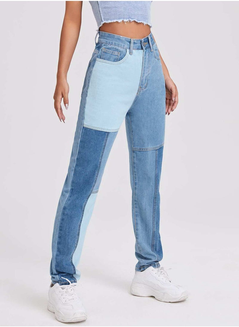 High Waist Colorblock Jeans