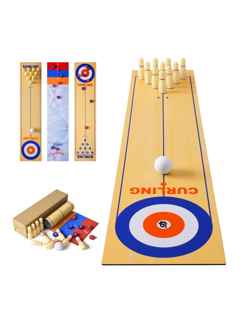 3-in-1 Mini Tabletop Shuffleboard, Bowling, and Curling Game with 8 Rollers - Interactive Portable Family Game for Kids and Adults, Perfect for Indoor and Outdoor Parties.