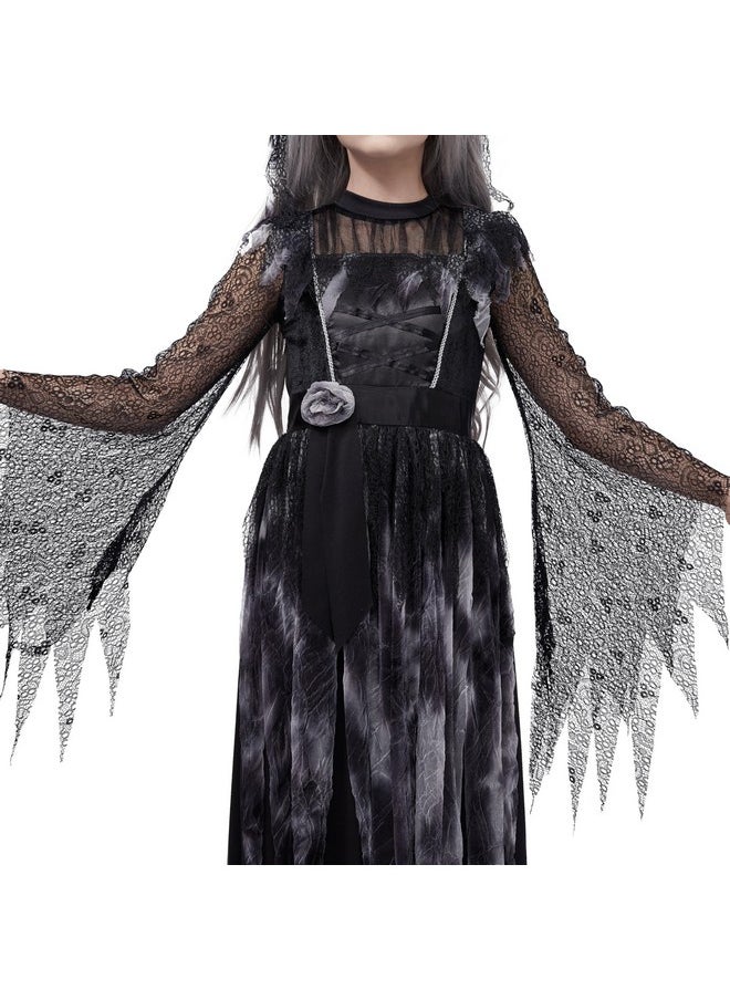 Princess Costume For Girls, Scary Halloween Costumes For Kids, Black Dress Outfit With Headband For Halloween Ghost Role Playing Parties (X-Large(12-14 Yrs))